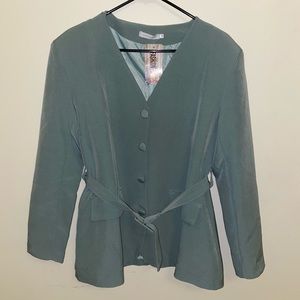 Green Belted Blazer with Buttons and Shoulder Pads